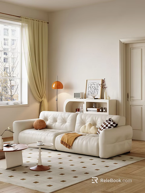 White Two Seater Sofa with Pillows and Blanket and Floor Lamp in Cozy Living Space 3d model 
