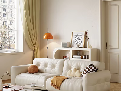 White Two Seater Sofa with Pillows and Blanket and Floor Lamp in Cozy Living Space 3d model