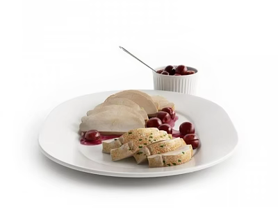 Tender Sliced Chicken With Cherry Sauce On White Plate And Small Bowl 3d model