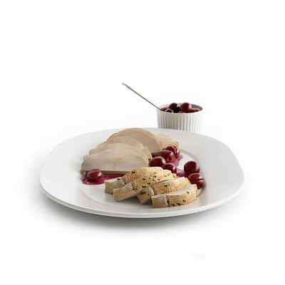 Tender Sliced Chicken With Cherry Sauce On White Plate And Small Bowl 3d model