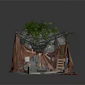Rustic Outdoor Campsite Structure With Canvas Tent Vines Wooden Crates And Stones