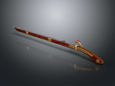 Traditional Weapon Rifle With Intricate Wooden Stock And Gold Decorative Details 3d model