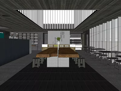 Traditional Teahouse Interior Design With Wooden Ceiling Large Windows And Central Table 3d model