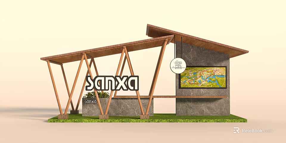 Sanxa Station with Wooden Canopy Structure and Map Display Screen on Green Grass Background 3d model 