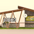 Sanxa Station with Wooden Canopy Structure and Map Display Screen on Green Grass Background