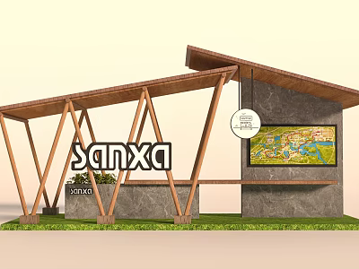 Sanxa Station with Wooden Canopy Structure and Map Display Screen on Green Grass Background 3d model