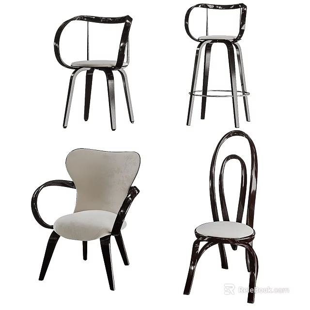 Modern Stylish Leisure Chairs With Curved Backrests Upholstered Seats And Wooden Frames 3d model 