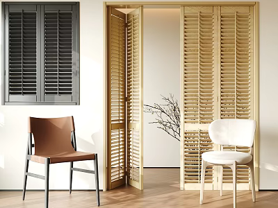 Brown and White Leisure Chairs in Modern Minimalist Interior with Wooden Shutters and Flooring 3d model