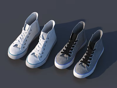 White And Gray High Top Canvas Shoes With Contrast Laces And White Soles 3d model