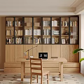 Wooden Bookcase With Shelves Books Decor Items Desk Chair Bench And Plant For Home Office