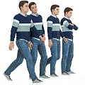 Man In Blue And White Long Sleeved Striped Sweater With Blue Jeans In Various Poses