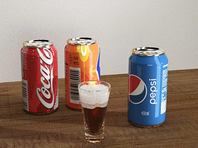 Three Branded Carbonated Soda Cans with Glass of Dark Drink on Wooden Table 3d model