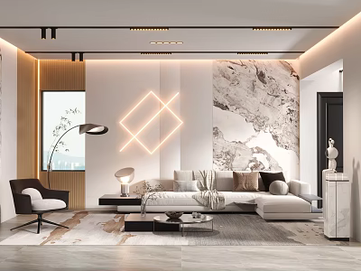Modern Living Room Interior With Neon Lights Marble Wall And Sofa 3d model