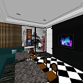 Modern KTV Room Interior With Pink Walls Green Sofas And Checkered Floor 3d model