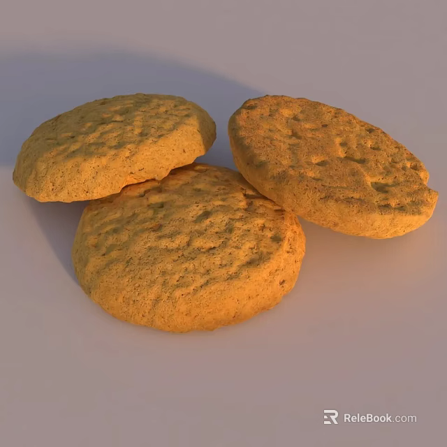 Golden Crunchy Round Cookies With Textured Surface Arranged On White Background 3d model 