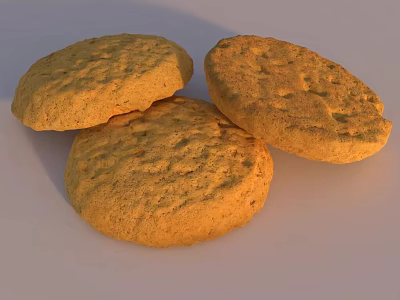 Golden Crunchy Round Cookies With Textured Surface Arranged On White Background 3d model