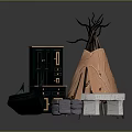 Decorative Interior Scene With Dark Cabinet Teepee Structure Boat Decoration Gray Stool And White Bench