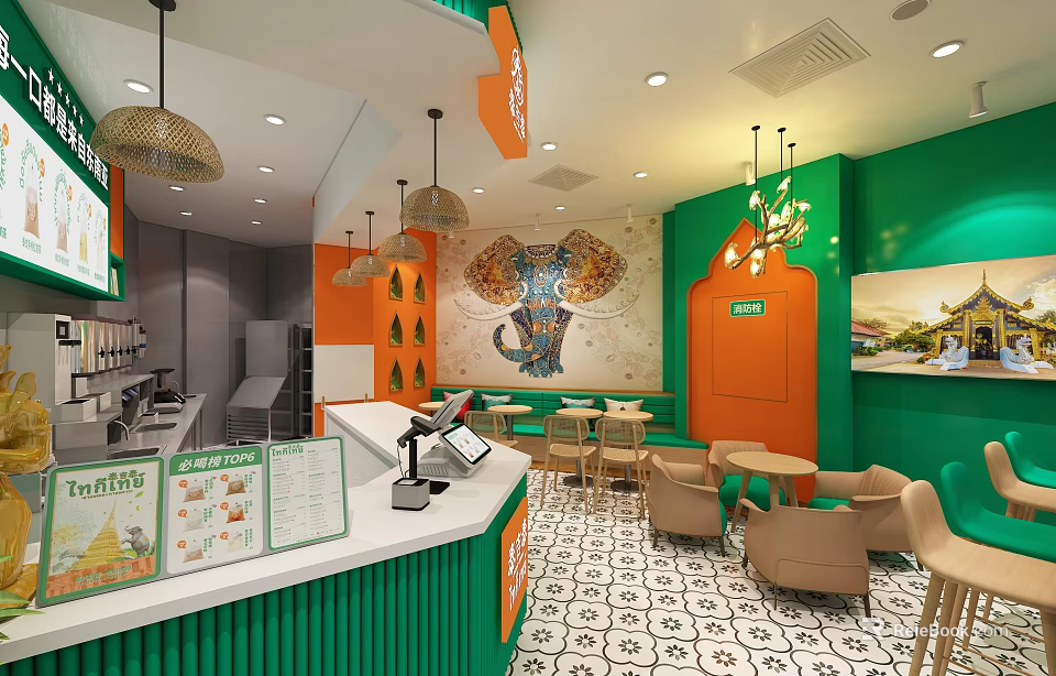Bubble Tea Shop Interior With Green Orange Walls Pendant Lights Elephant Decor And Seating 3d model 