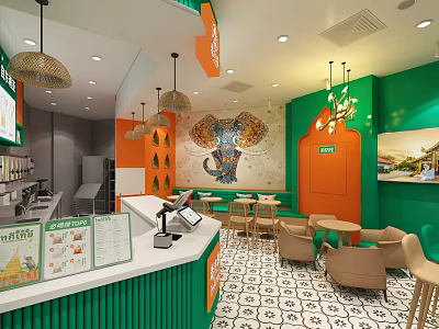 Bubble Tea Shop Interior With Green Orange Walls Pendant Lights Elephant Decor And Seating 3d model