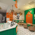 Bubble Tea Shop Interior With Green Orange Walls Pendant Lights Elephant Decor And Seating