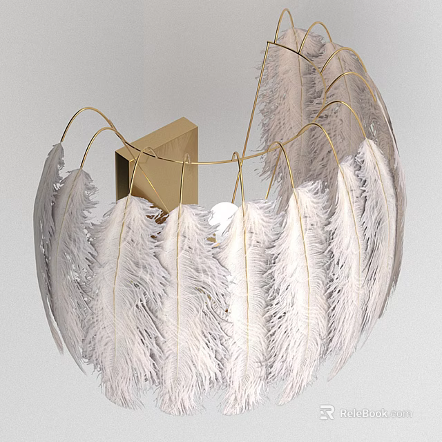 Elegant White Feather Wall Lamp With Golden Frame And Modern Design 3d model 