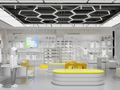 Modern Clothing Store Interior With White Display Racks Yellow Seating And Fashion Mannequins 3d model