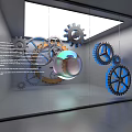 Creative Window Display With Various Gears And Spherical Decoration 3d model
