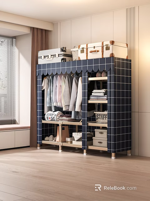 Blue Checkered Storage Cabinet with Hanging Clothes Folded Clothes Suitcases Storage Boxes and Shoes 3d model 