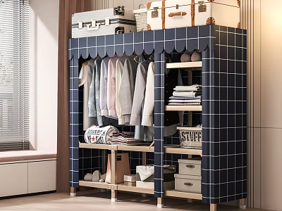 Blue Checkered Storage Cabinet with Hanging Clothes Folded Clothes Suitcases Storage Boxes and Shoes 3d model