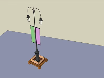 Outdoor Light with Two Lamp Heads on Black Pole and Green Pink Banner Wooden Base 3d model
