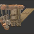 Industrial Equipment With Wooden Frame Horizontal Beams And Multiple Hanging Metal Parts