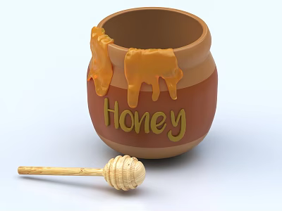 Traditional Ceramic Honey Jar With Dripping Honey And Wooden Dipper 3d model