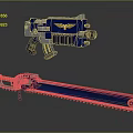 Blue Metal Gun With Wing Emblem And Shiny Chainsaw With Serrated Blade