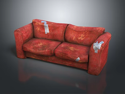 Worn Red Two-Seater Sofa with White Tape Patches on Dark Background 3d model