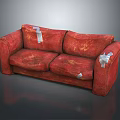 Worn Red Two-Seater Sofa with White Tape Patches on Dark Background