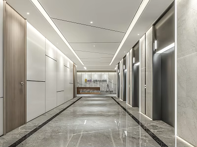 Modern Elevator Hallway With Marble Floor Wooden Panels And Recessed Lighting 3d model