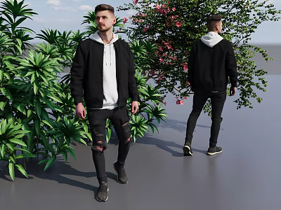 Man Wearing Black Jacket White Hoodie with Ripped Jeans Near Green Plants Pink Flowers 3d model