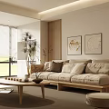 Modern Living Room Interior With Beige Sofa Wooden Coffee Table Decorative Paintings And Area Rug