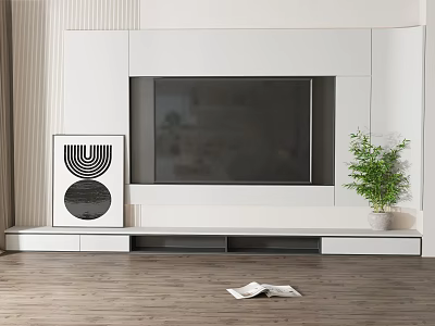 Modern White TV Wall Design With TV Stand Decorative Art Green Plant And Wooden Floor 3d model