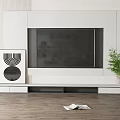 Modern White TV Wall Design With TV Stand Decorative Art Green Plant And Wooden Floor