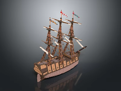 Ancient Sailing Ship Wooden Model With Multiple Masts And Colorful Flags 3d model