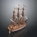 Ancient Sailing Ship Wooden Model With Multiple Masts And Colorful Flags