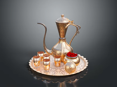 Ornate Golden Engraved Tea Set With Teapot Small Cups Red Lid Container On Tray 3d model