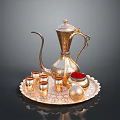 Ornate Golden Engraved Tea Set With Teapot Small Cups Red Lid Container On Tray