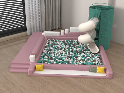 Kids Play Area With Pink Ball Pit Slide Colorful Balls Yellow Cushions Green Storage Bin 3d model