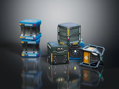 Industrial Tech Related Equipment Gear With Various Colors Stacked Designs On Black Reflective Surface 3d model