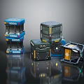 Industrial Tech Related Equipment Gear With Various Colors Stacked Designs On Black Reflective Surface