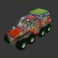 Rugged Six Wheel Off Road Vehicle in Gray and Red with Roof Rack