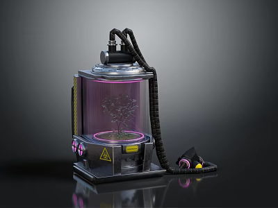 Futuristic Device Featuring Transparent Container Inner Structure Warning Label And Cable Connection 3d model
