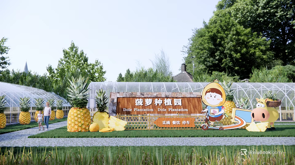 Scenic Pineapple Plantation With Greenhouse Pineapple Models Cartoon Character And Lush Greenery 3d model 